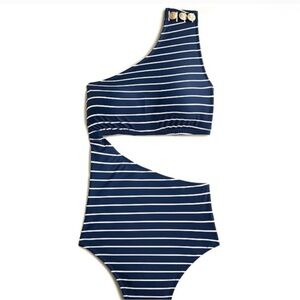 J.Crew Plus One Shoulder Cutout Swimsuit Navy Stripe Sz 18 NWT Nautical